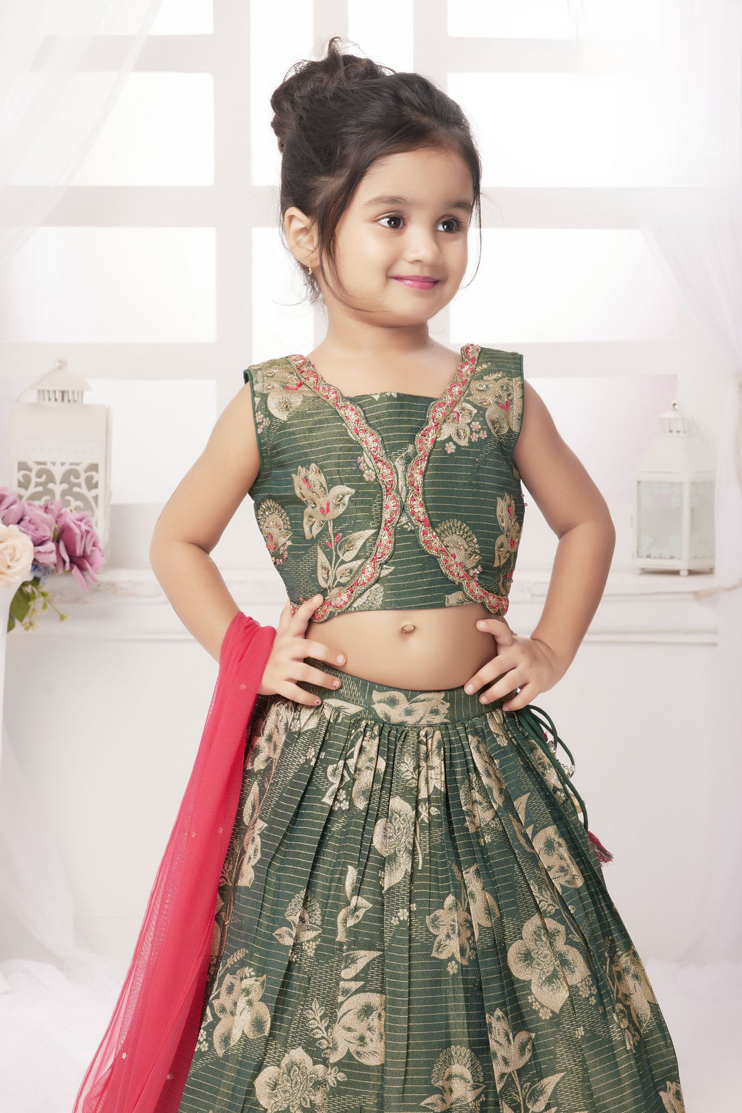 Green Zari, Beads and Thread work Lehenga Choli for Girls