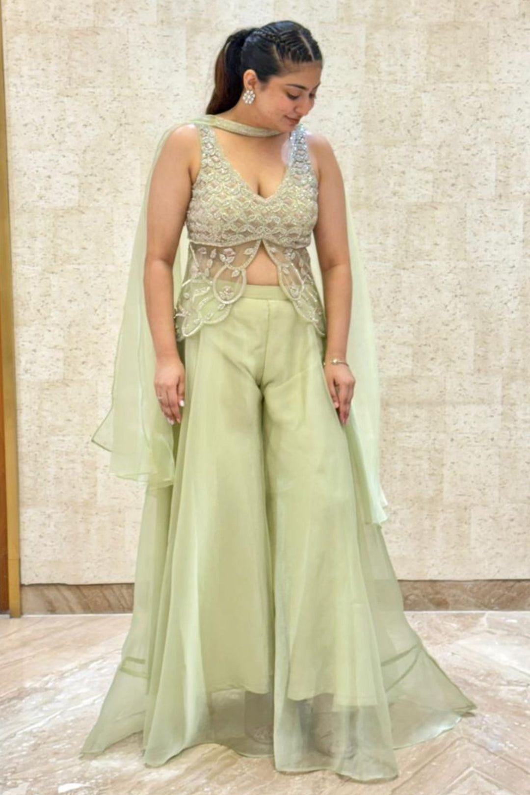 Pista Green Sequins and Beads work Top with Flared Palazzo Set