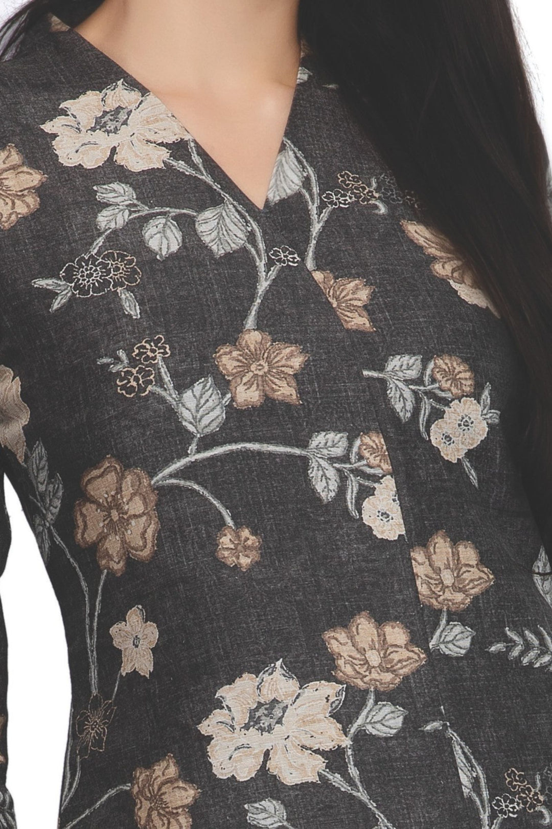 Black with Floral Print and Stone work Calf Length Kurti