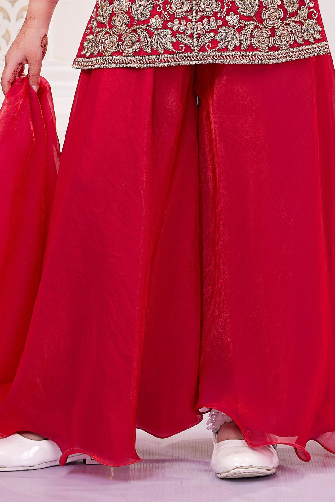 Rani Pink Beads and Zari work Palazzo Suit Set for Girls