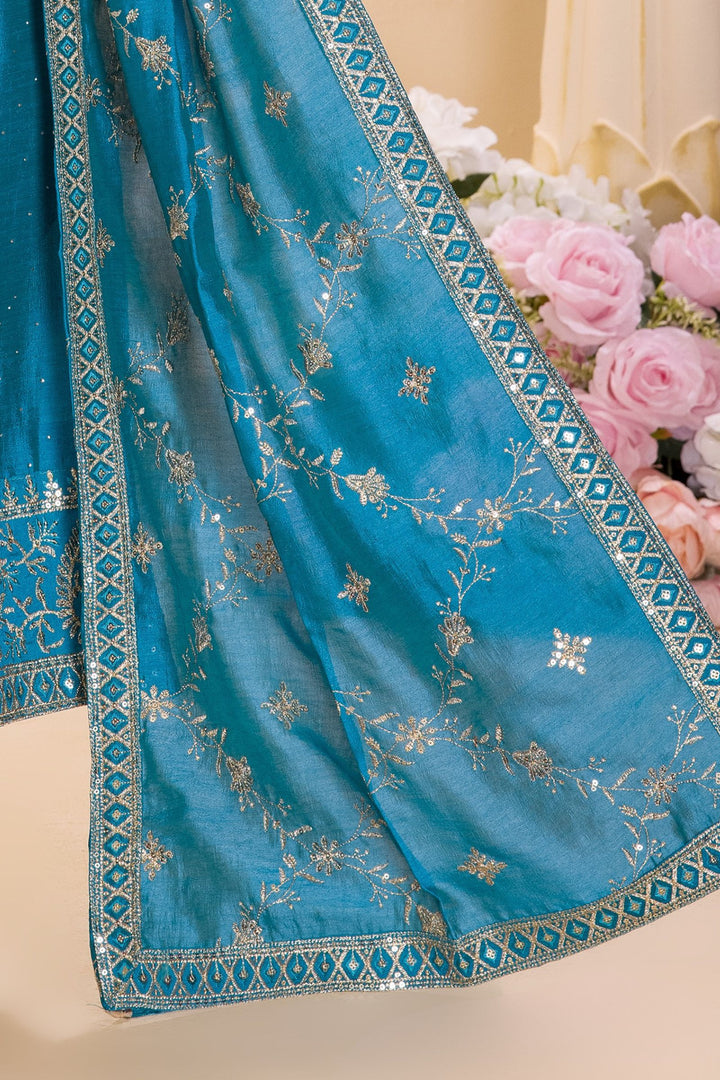 Rama Blue Sequins, Zari and Stone work Anarkali Style Salwar Suit for Girls