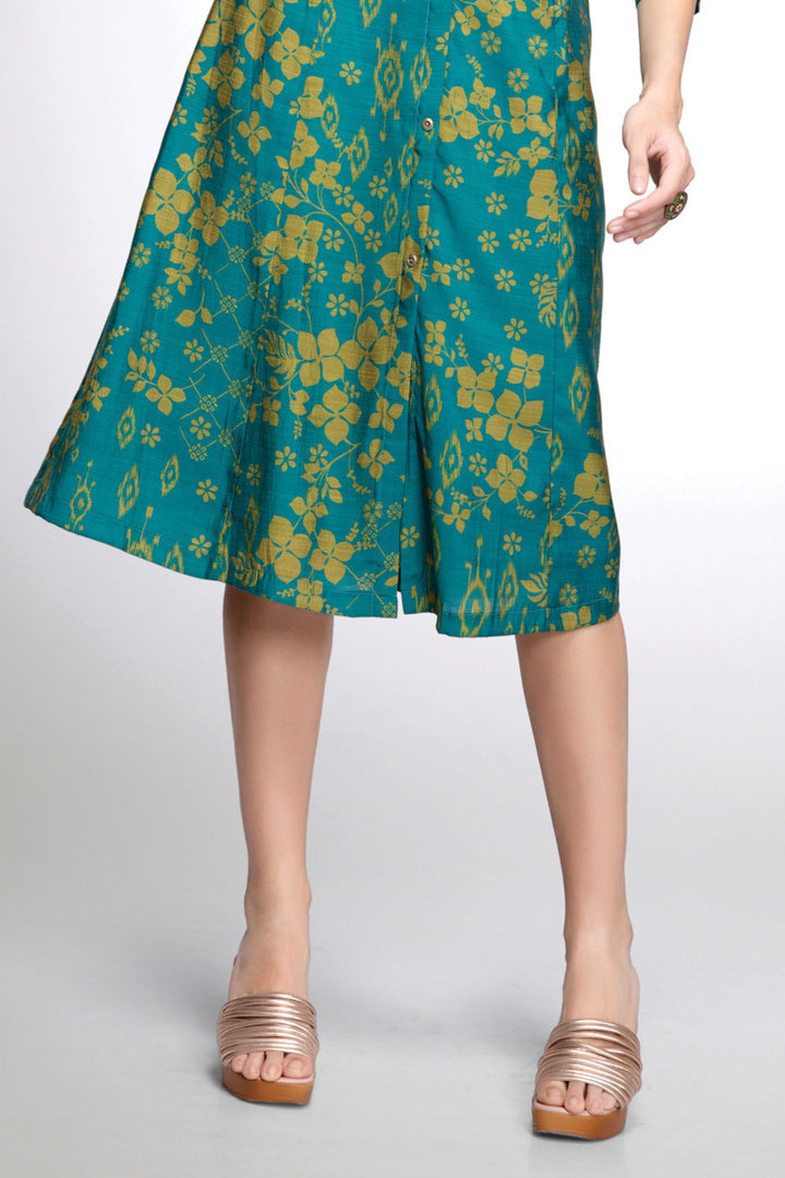 Green Digital Print Aline Cut Calf Length Kurti