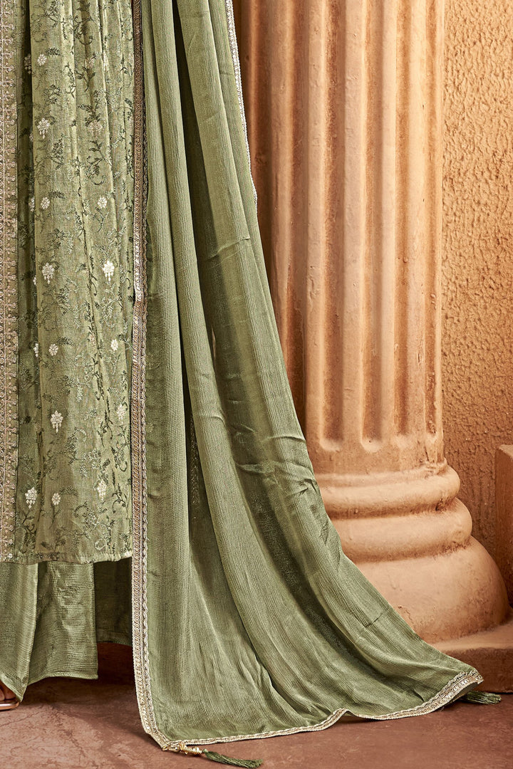 Pista Green Banaras, Zardozi, Mirror and Sequins work Salwar Suit with Palazzo Pants