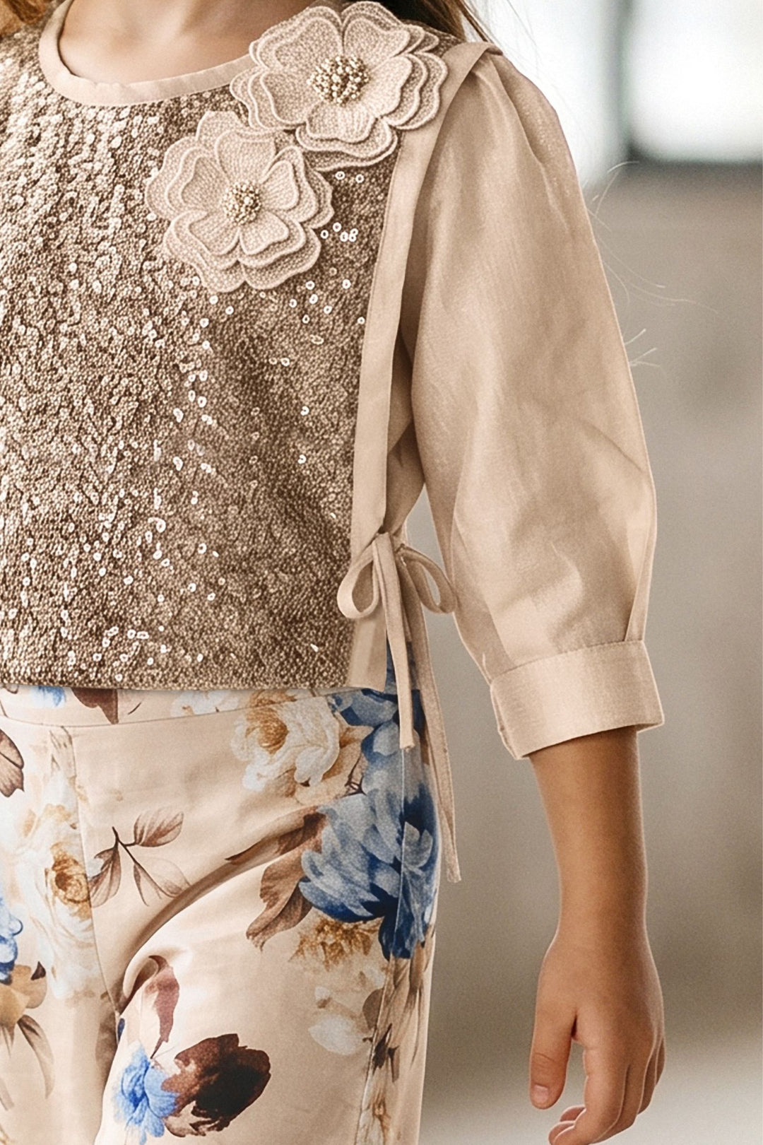 Girls Sequins Embellished Knot-Tie Jacket with Floral Palazzo Pant Set