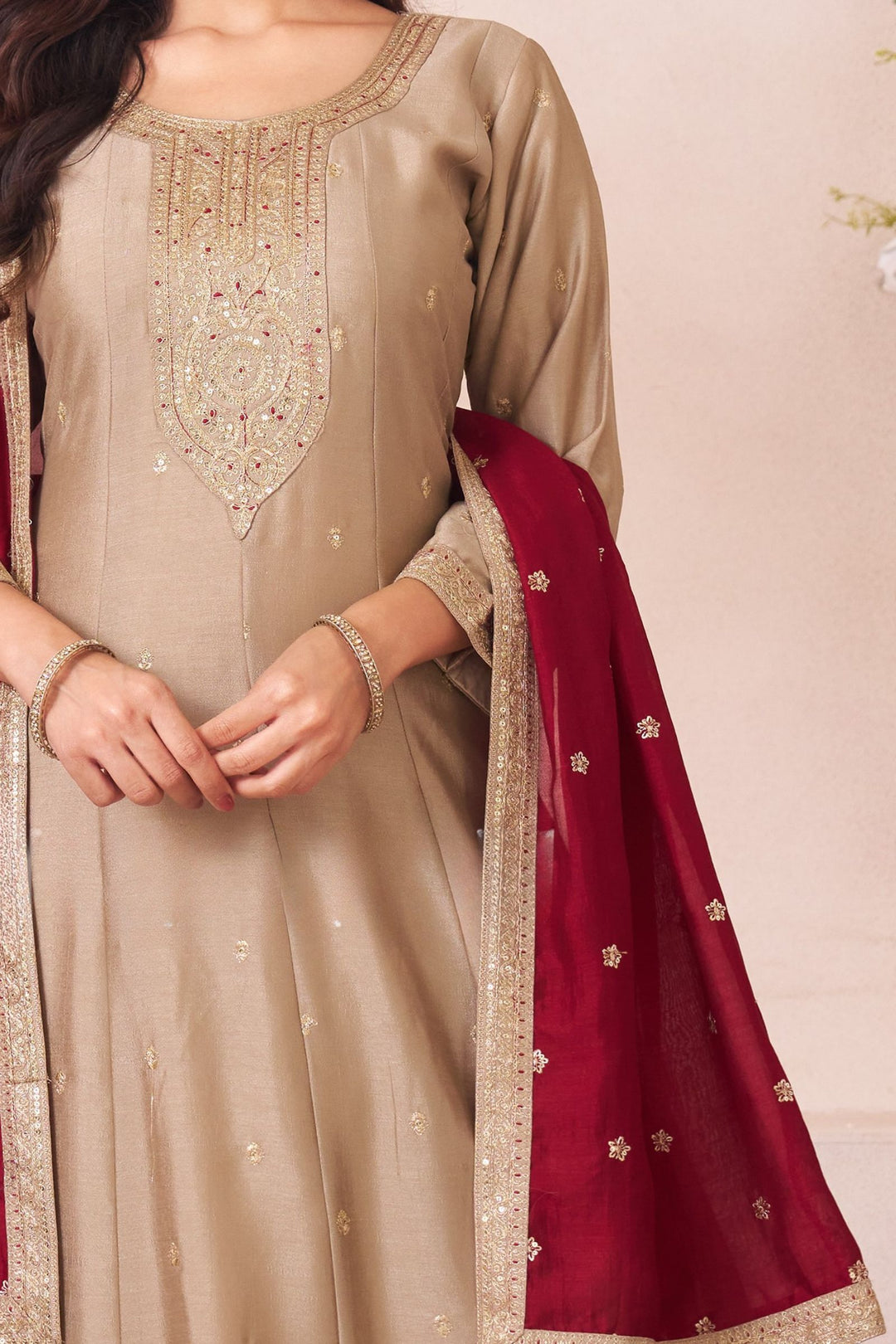 Beige Sequins and Zari work Anarkali Style Salwar