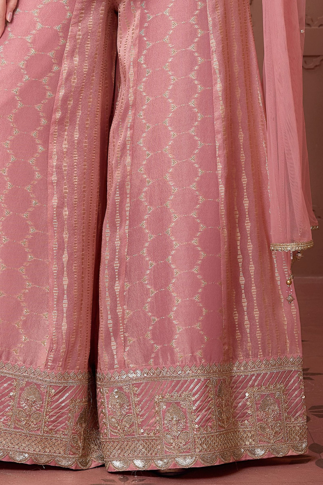 Peach Sequins, Zari, Zardozi and Beads work Palazzo Suit Set for Girls