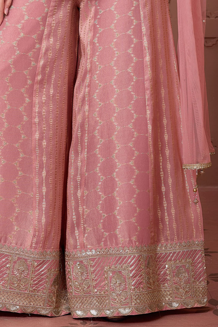 Peach Sequins, Zari, Zardozi and Beads work Palazzo Suit Set for Girls