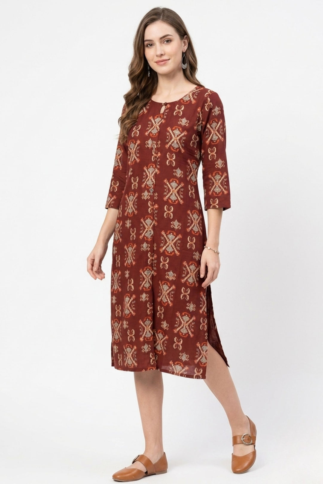Maroon Digital Print Calf Length Kurti