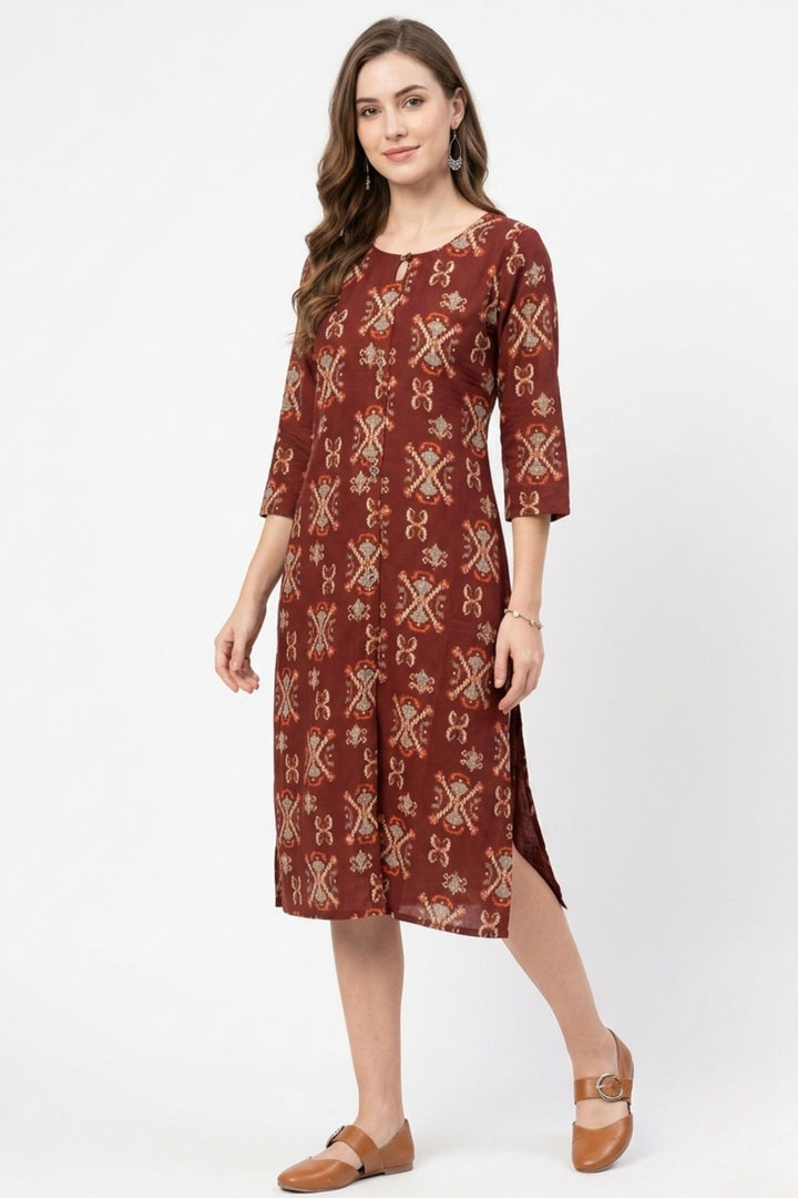 Maroon Digital Print Calf Length Kurti