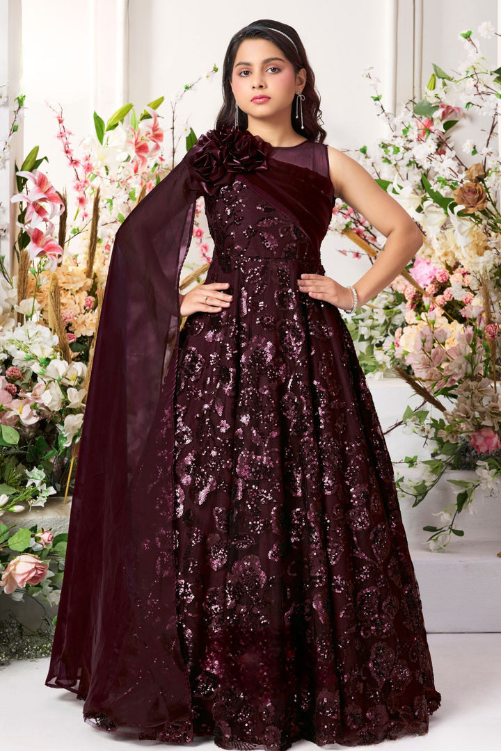 Wine Sequins work Long Party Gown for Girls