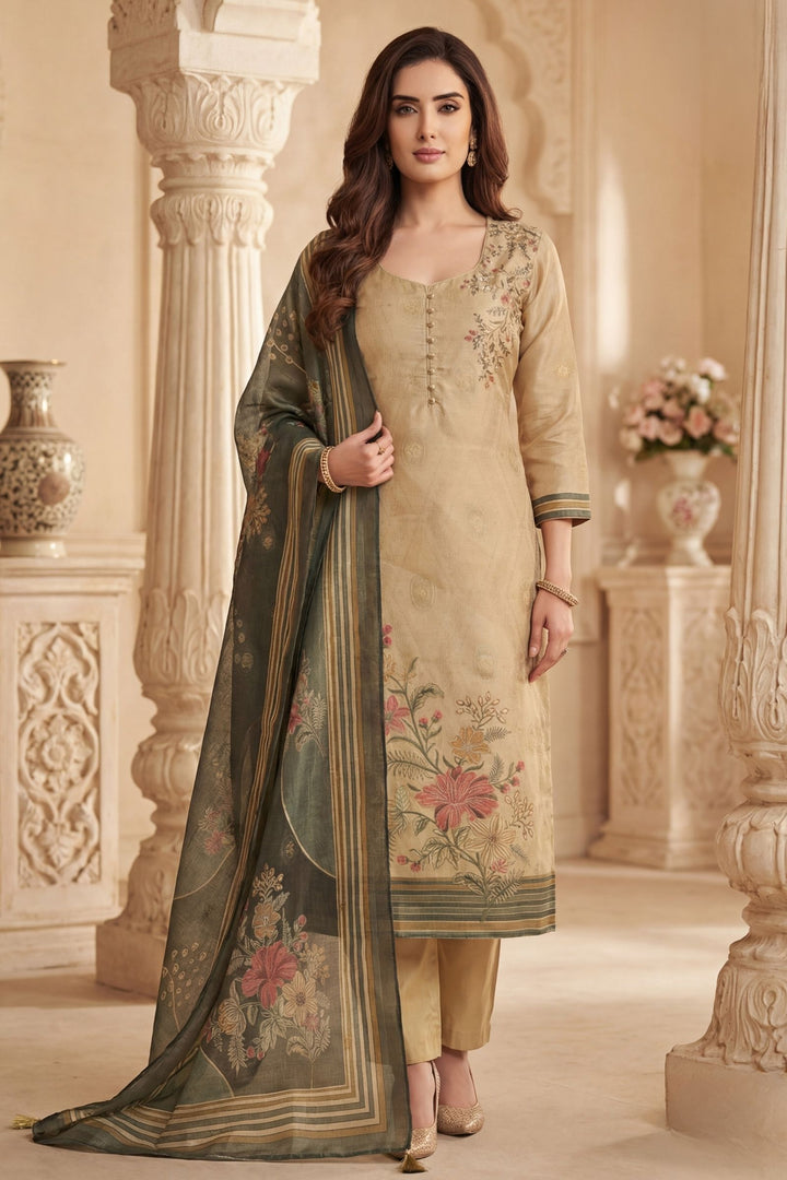 Beige Beads, Zardozi, Zari and Sequins work with Digital Print Straight Cut Salwar Suit