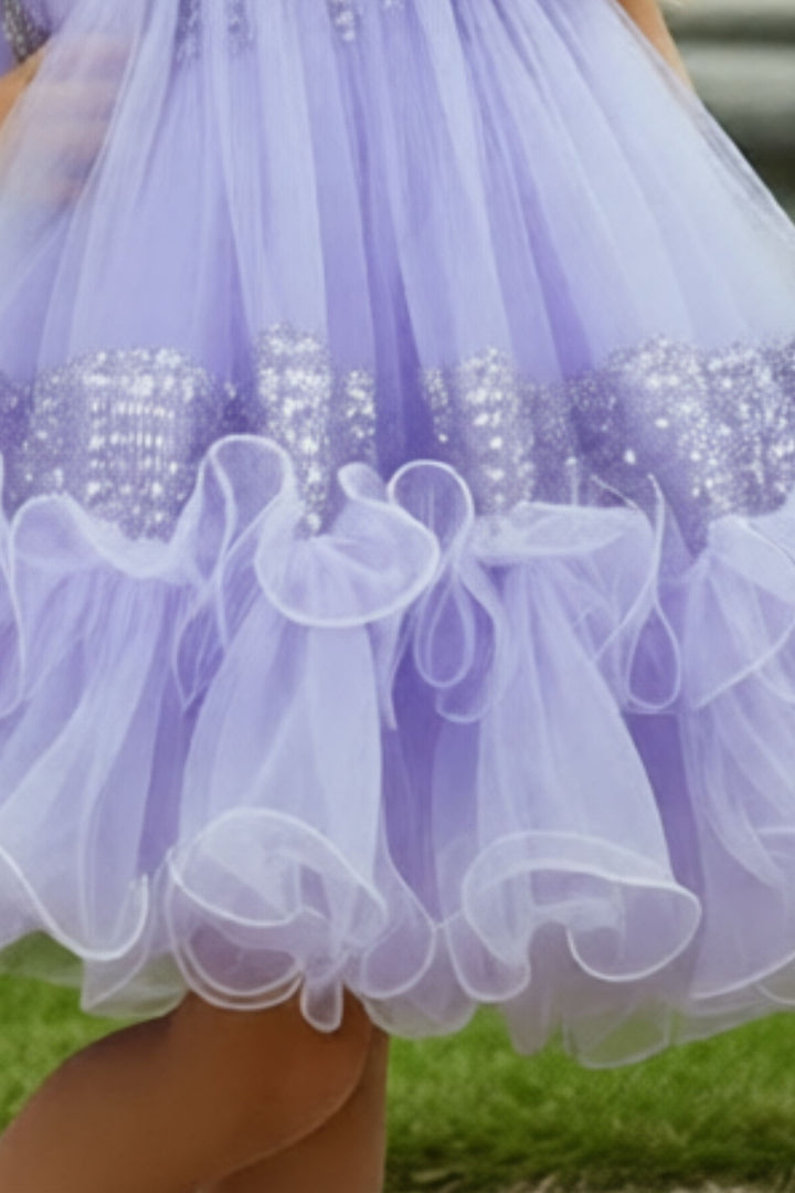 Lavender Sequins work Short Partywear Frock for Girls