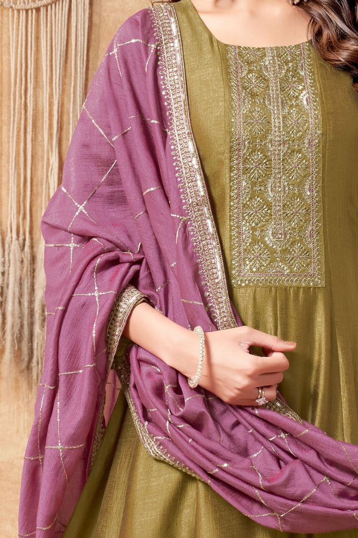 Mehendi Green Sequins, Beads and Zari work Anarkali Style Salwar