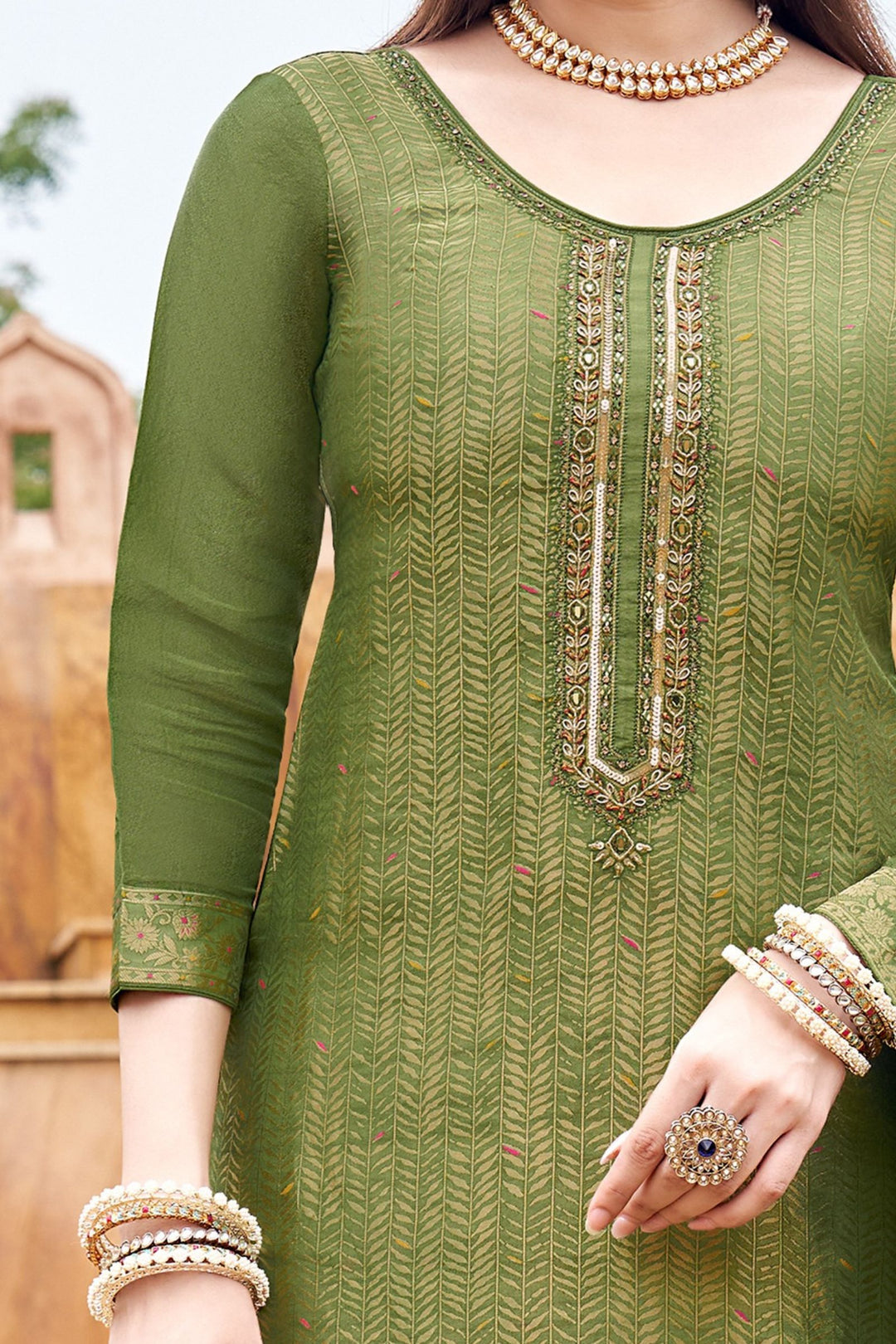 Green Mirror, Stone, Sequins, Zardozi and Brocade work Sharara Salwar Suit