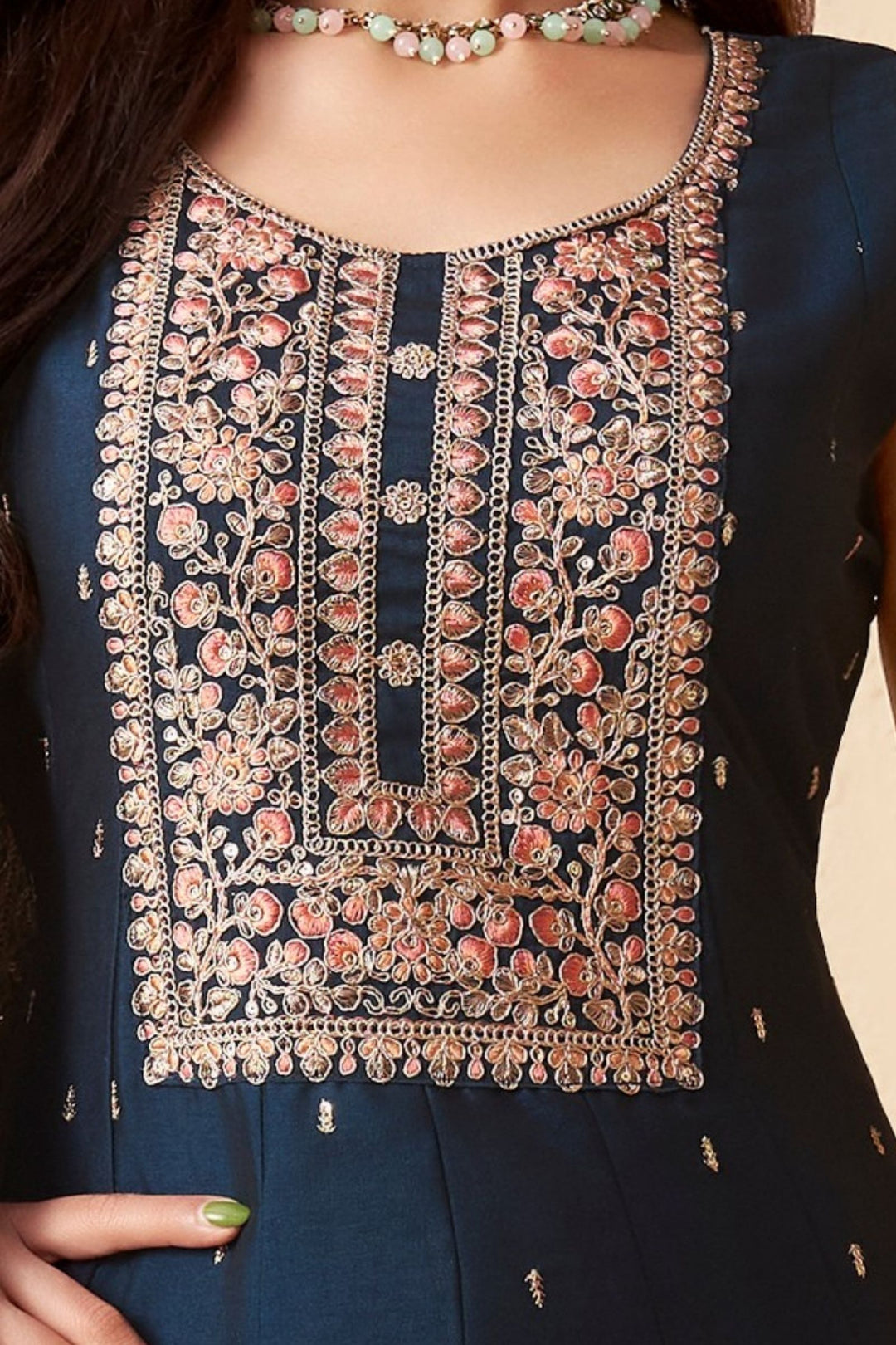 Peacock Blue Sequins, Zari and Multicolor Thread work Anarkali Style Salwar