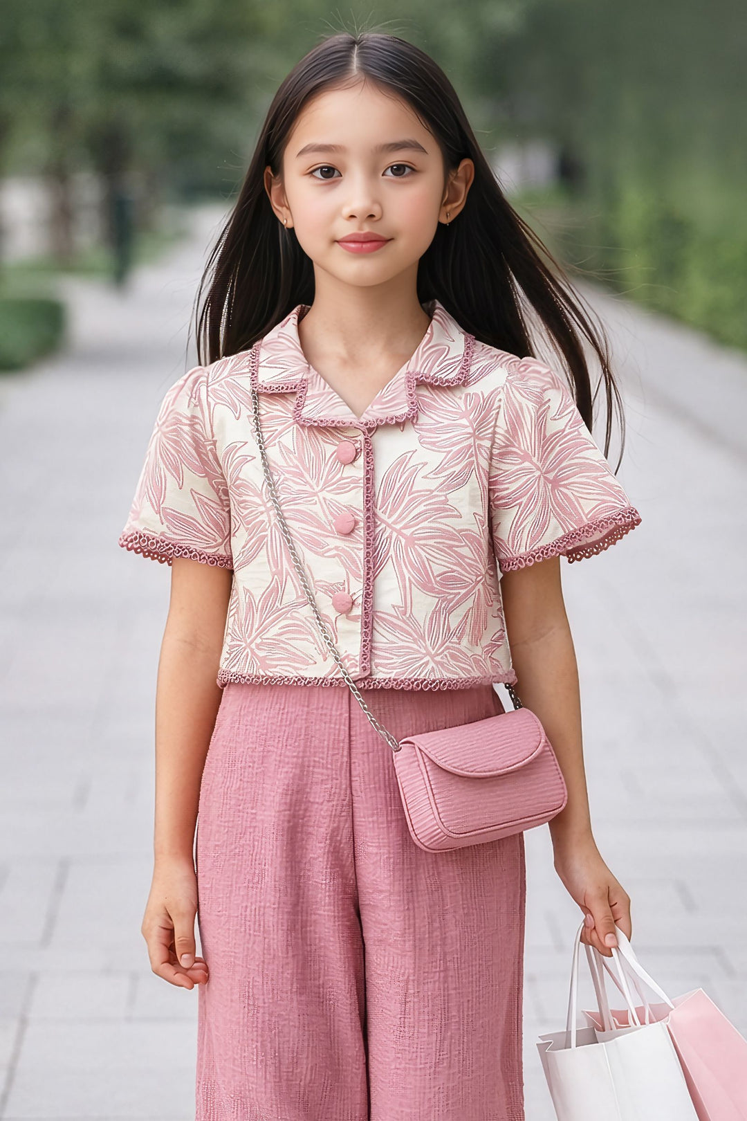 Half White with Onion Pink Top and Palazzo Set for Girls