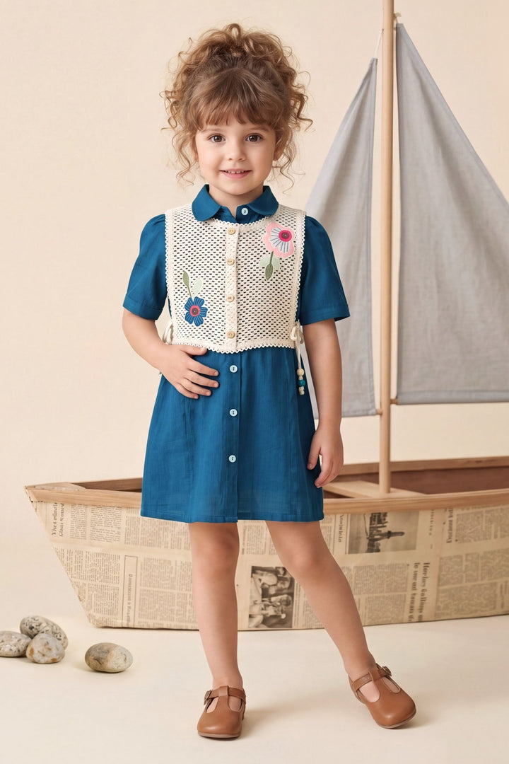 Teal Blue with Cream Jacket Styled Short Frock for Girls