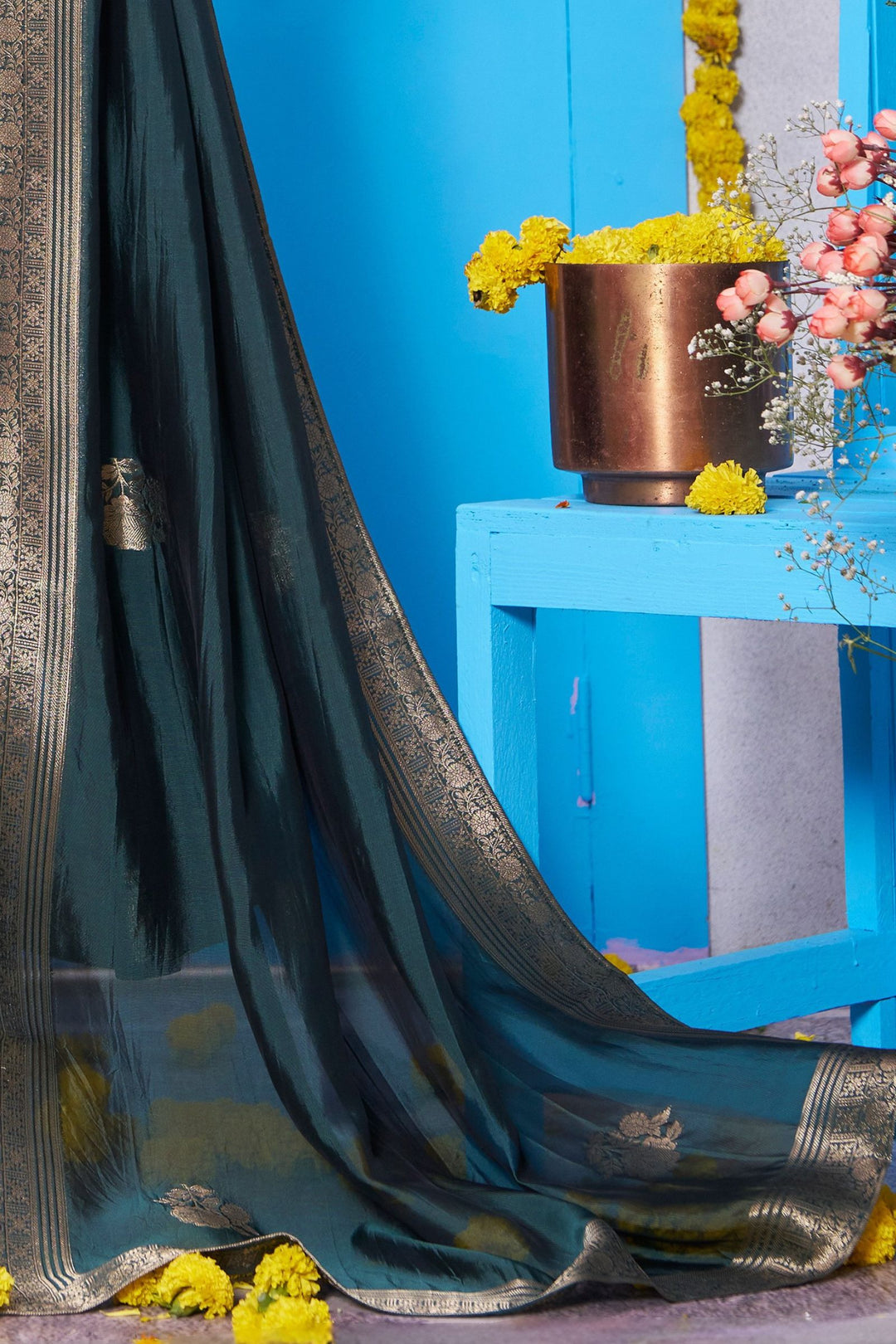 Bottle Green Banaras, Beads, Thread and Zardozi work Straight Cut Salwar Suit