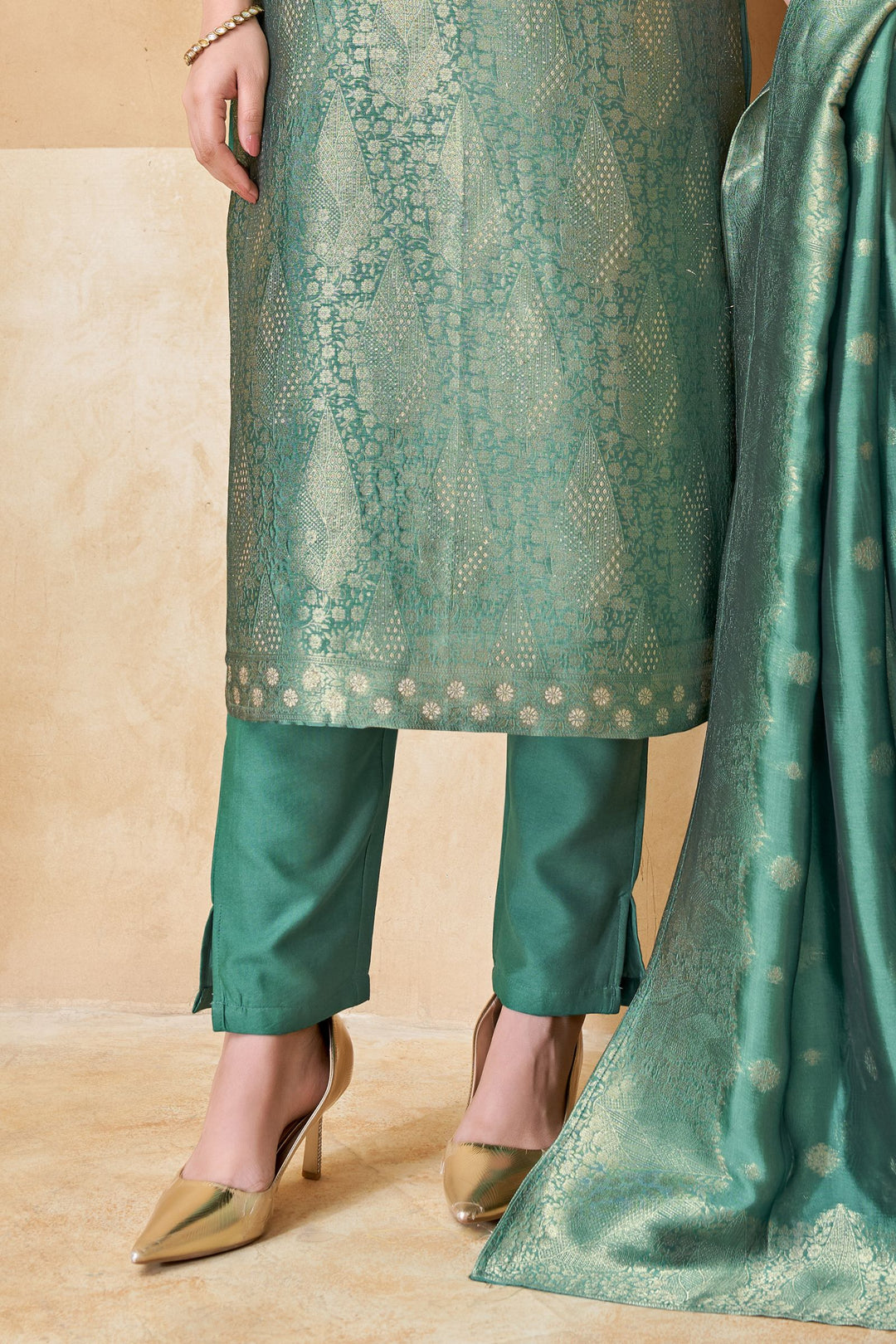 Sea Green Brocade, Zardozi, Beads and Sequins work Straight Cut Salwar Suit