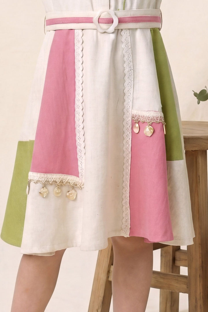 Cream with Green and Pink Colorblock Styled Short Frock For Girls