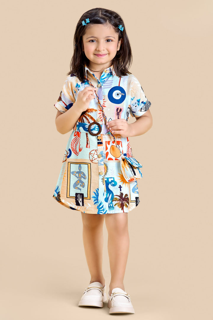 Half White with Multicolor Digital Print Short Frock for Girls