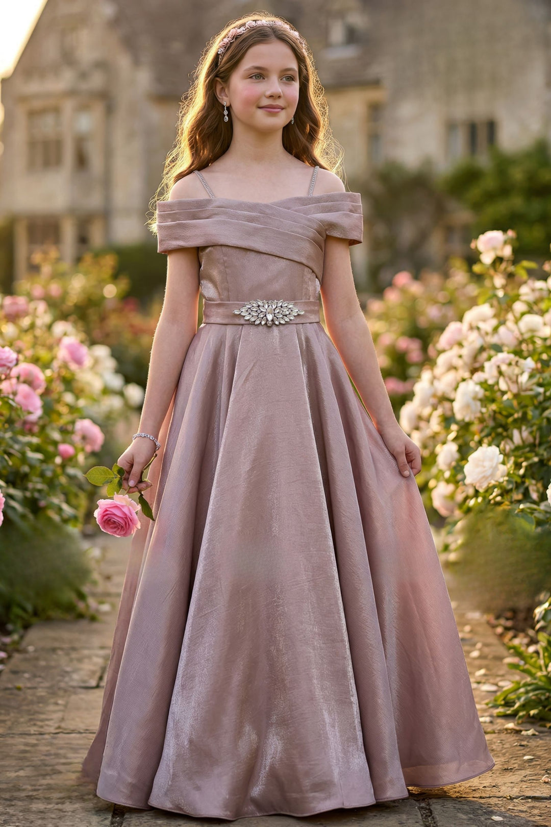 Onion Pink Stone work Long Party Gown for Girls