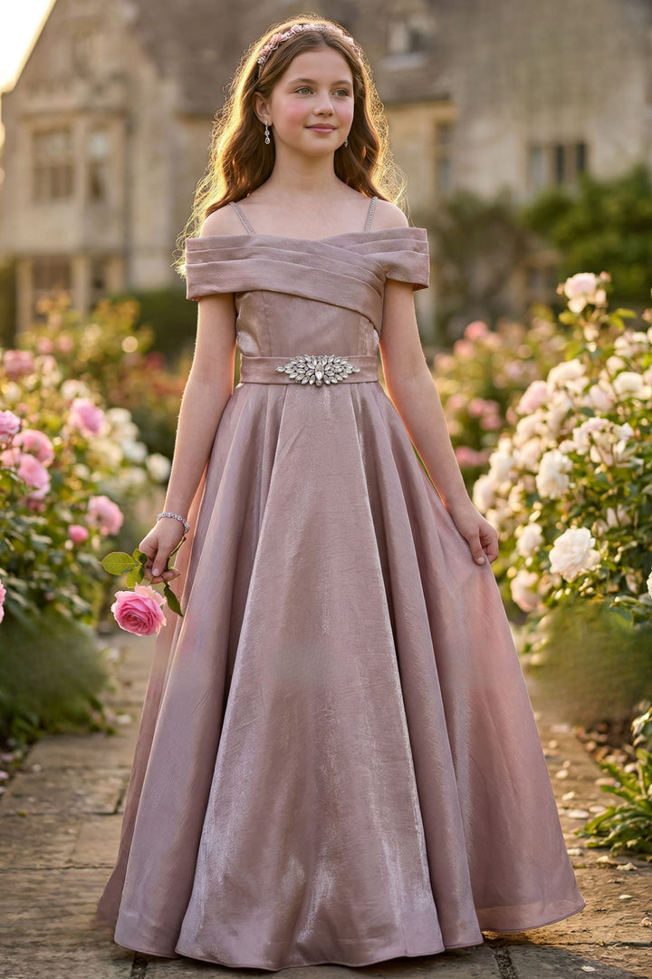 Onion Pink Stone work Long Party Gown for Girls