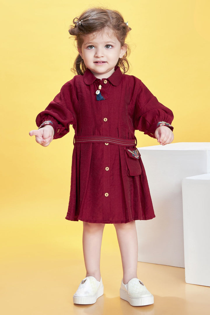Maroon Thread work Short Frock for Girls with Belt