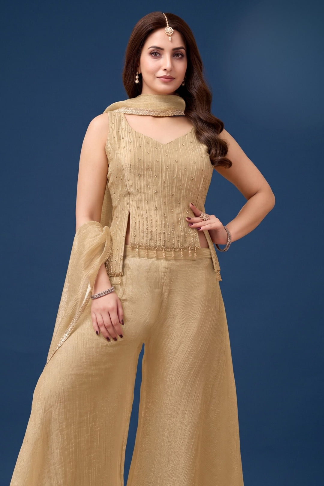 Fawn Beads and Stone work Palazzo Set