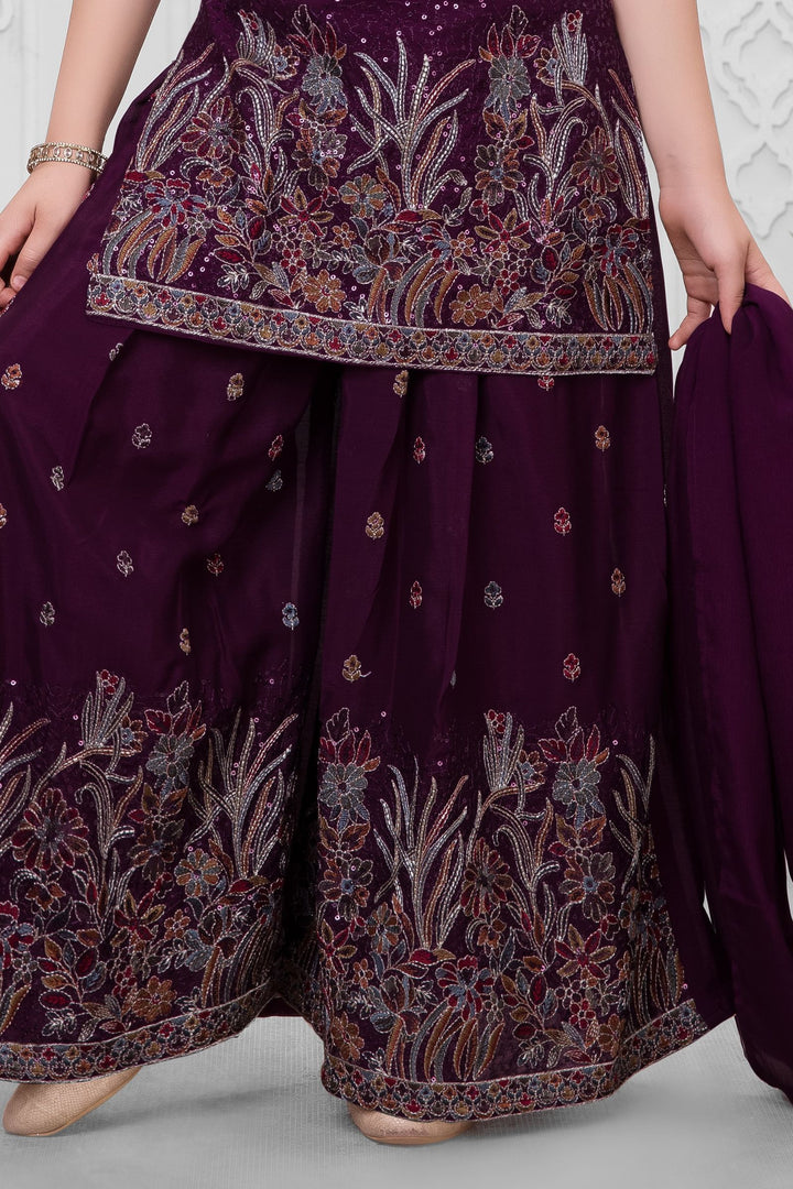Wine Sequins and Multicolor Thread work Palazzo Suit Set for Girls