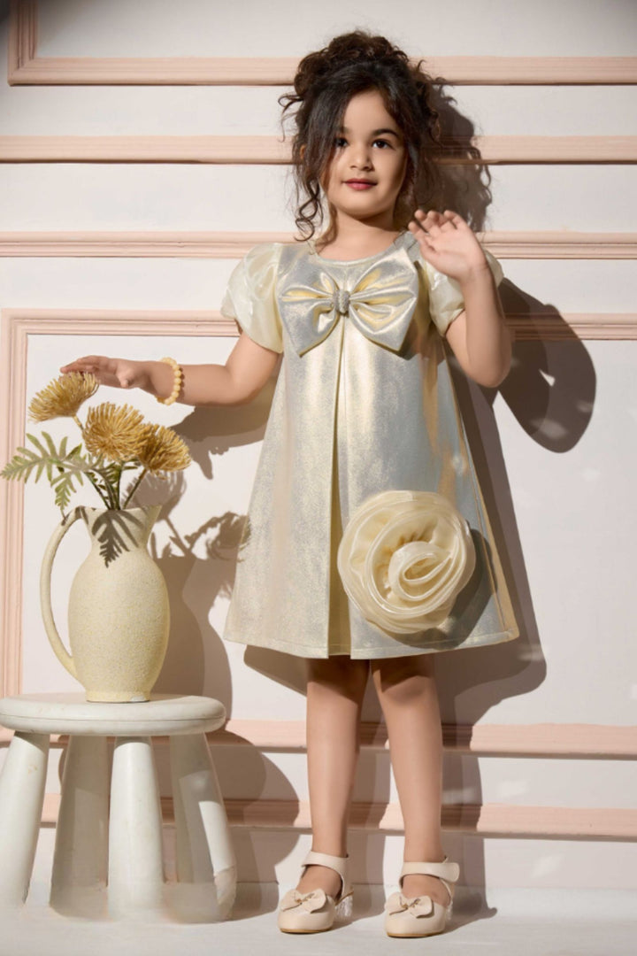 Gold Bow and Rose Accent Short Partywear Frock for Girls
