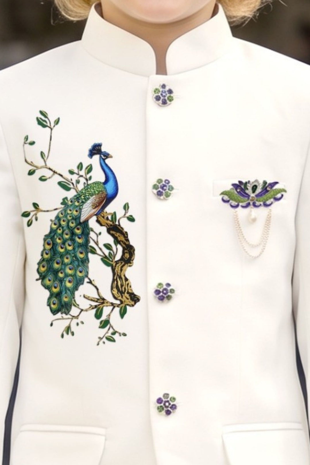 White Peacock Applique Jodhpuri Suit for Boys