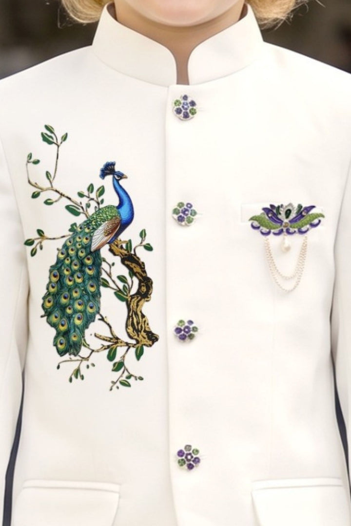 White Peacock Applique Jodhpuri Suit for Boys