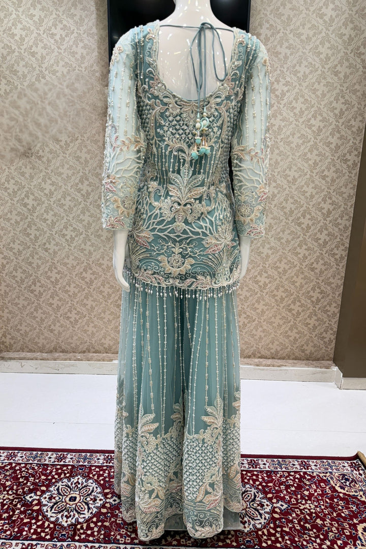 Sea Green Beads, Multicolor Embroidery and Sequins work Palazzo Suit Set