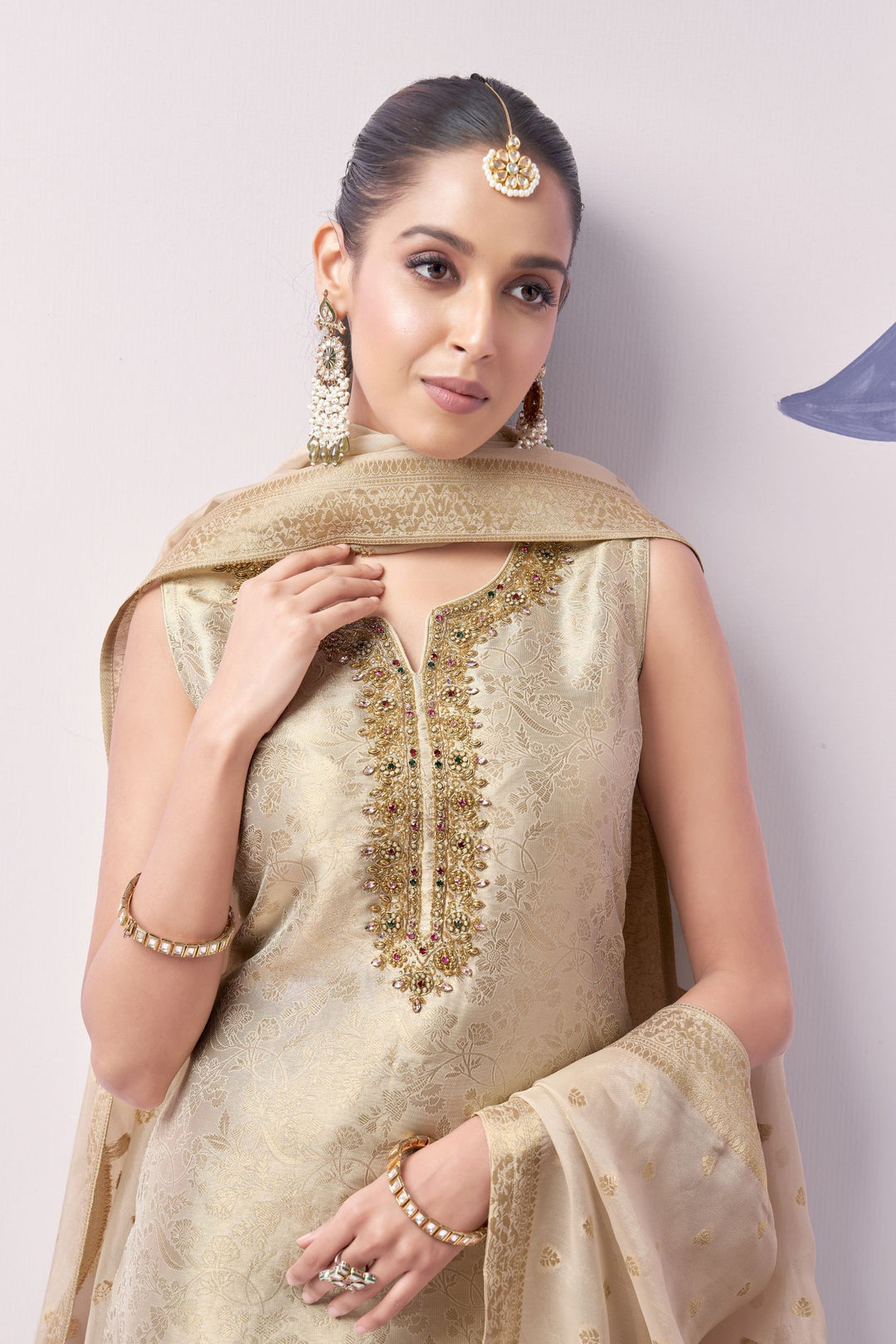 Cream Brocade, Kundan, Zardozi, Beads and Stone work Straight Cut Salwar Suit