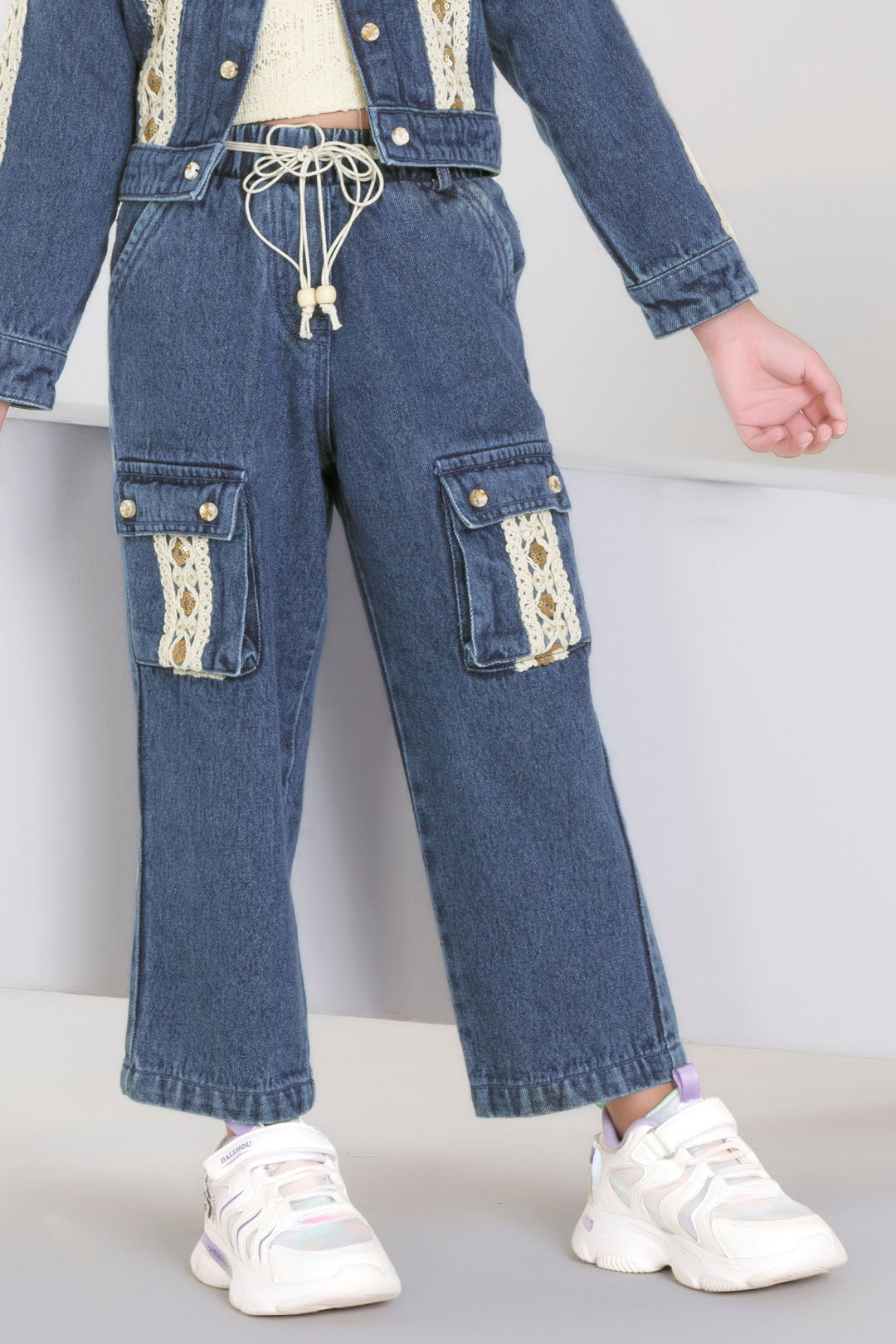 Blue with Cream Thread and Sequins work Jacket Styled Top and Pant Set for Girls
