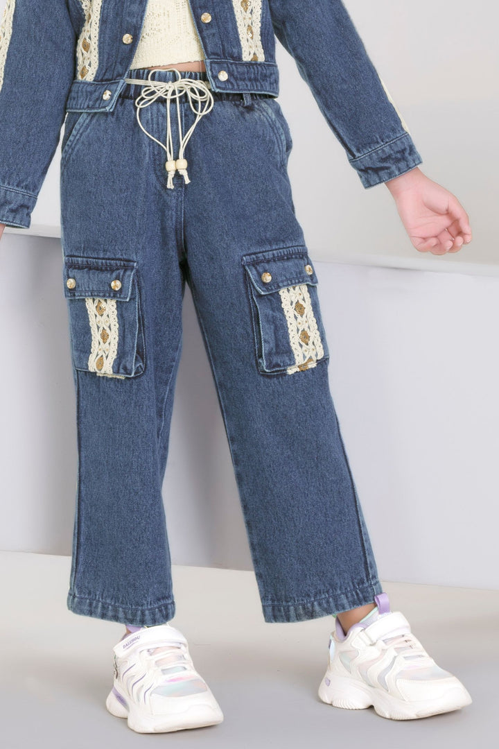 Blue with Cream Thread and Sequins work Jacket Styled Top and Pant Set for Girls