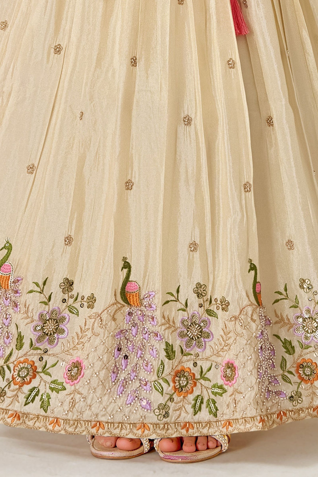 Cream Zari, Beads, Sequins and Embroidery work Lehenga Choli for Girls