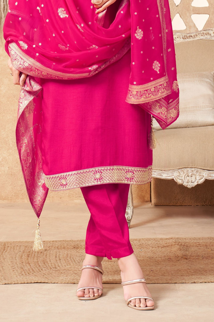 Rani Pink Sequins, Zari, Beads and Zardozi work Straight Cut Salwar Suit