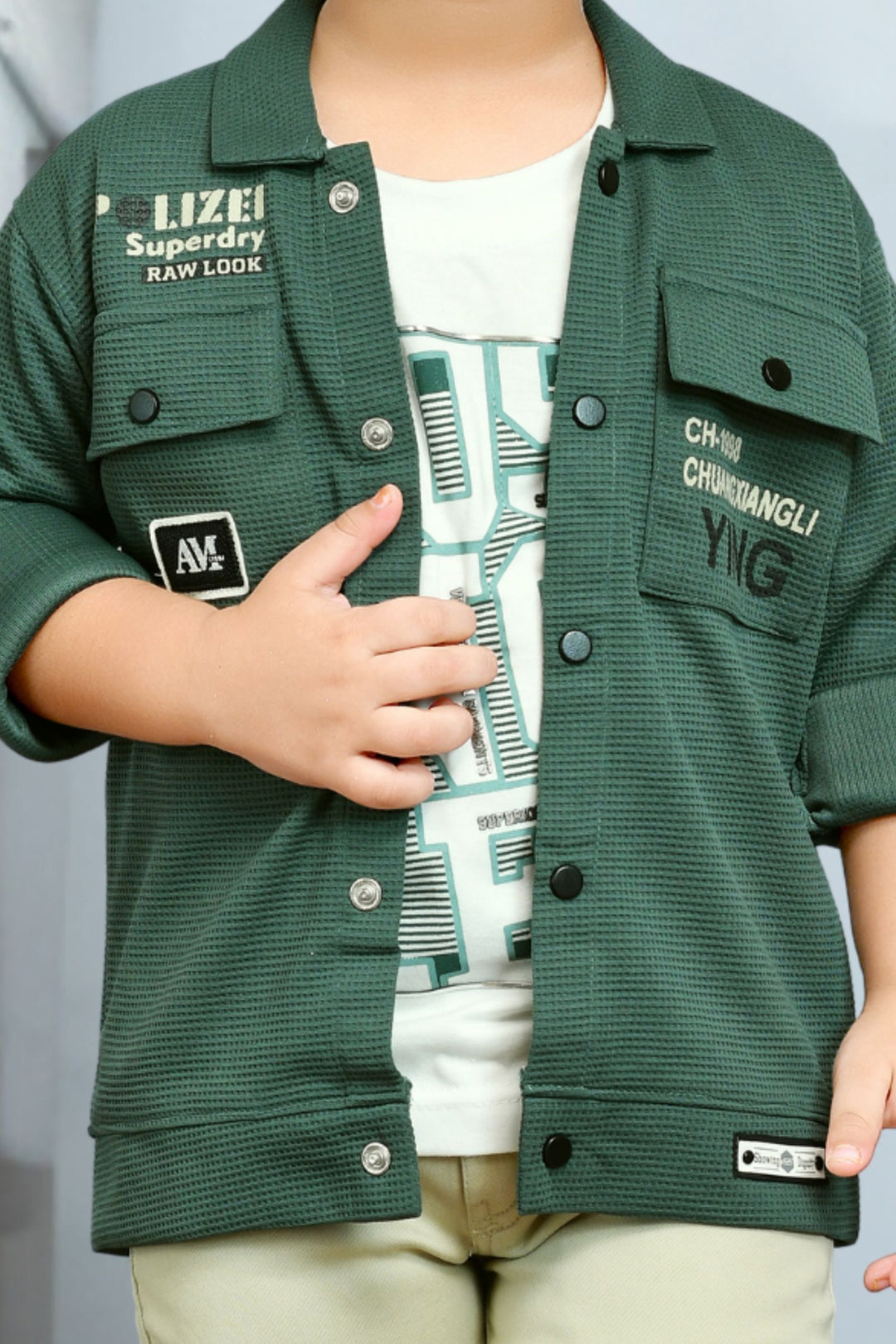 Green and White Printed Blazer, T-Shirt and Light Green Cargo Pant Set for Boys