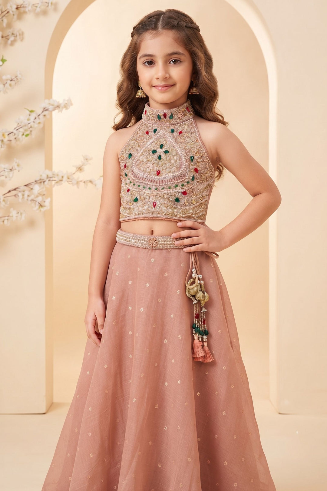 Peach Halter Neck Girls Lehenga Choli with Zari, Beads and Stone work