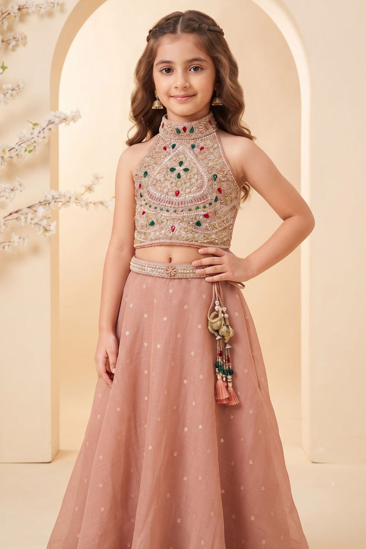 Peach Halter Neck Girls Lehenga Choli with Zari, Beads and Stone work