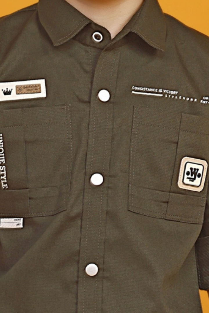 Dark Green Printed Shirt and Cream Pant Set for Boys