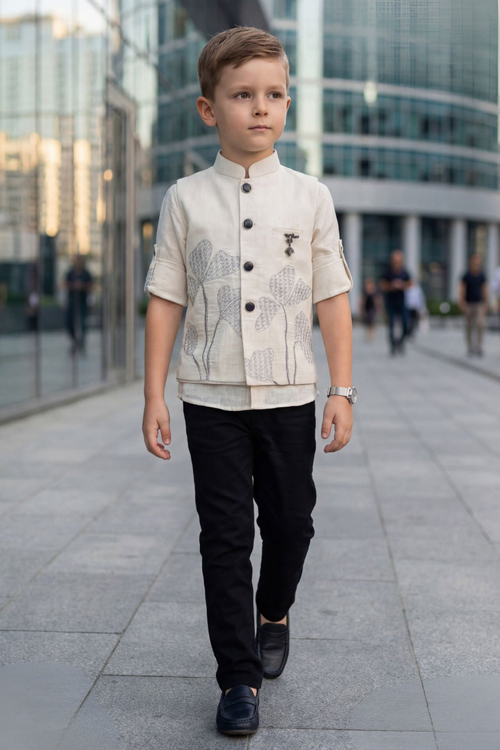 Cream Thread work Waist Coat and Black Pant Set for Boys with Belt