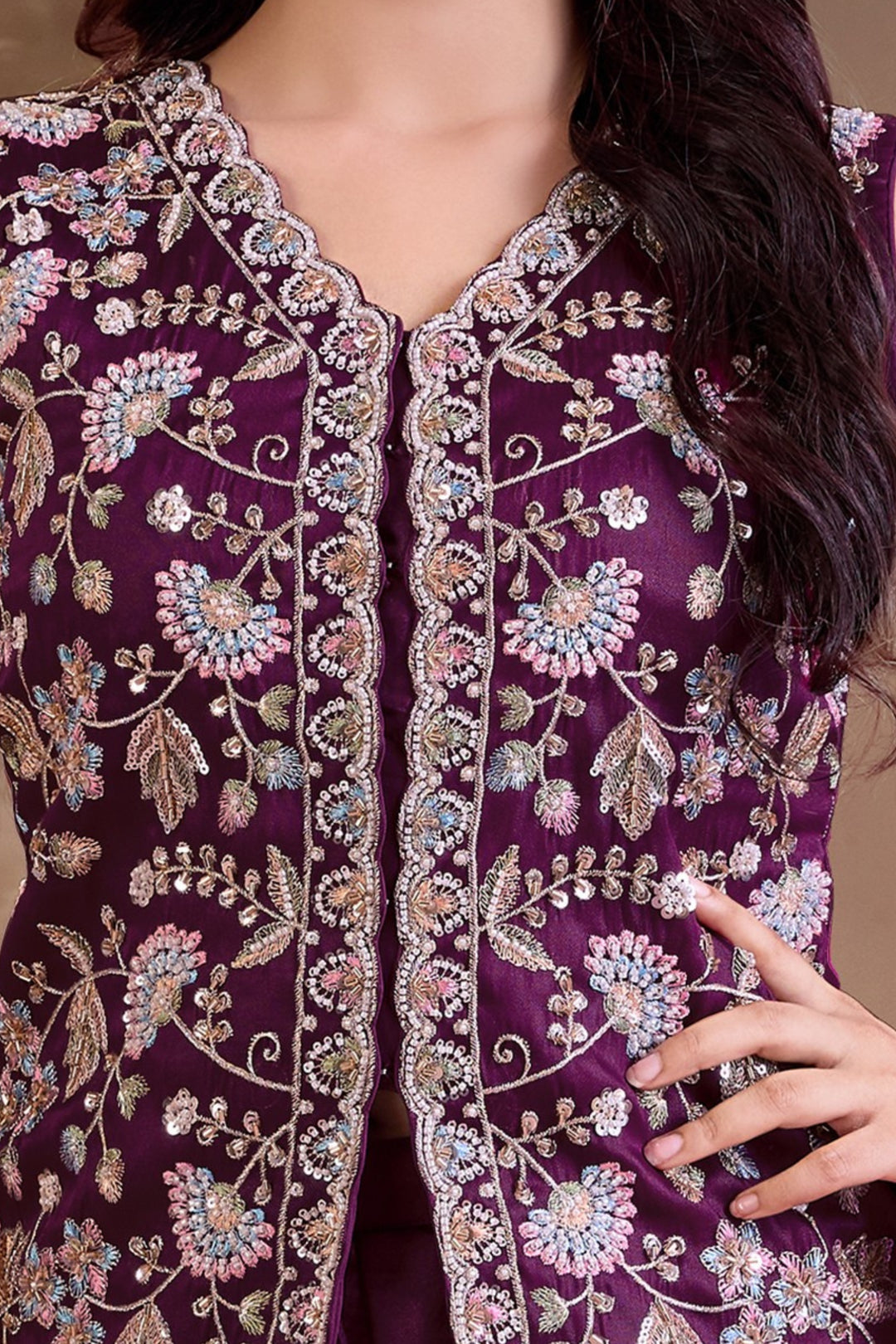 Wine Multicolor Embroidery, Beads and Sequins work Palazzo Suit Set for Girls