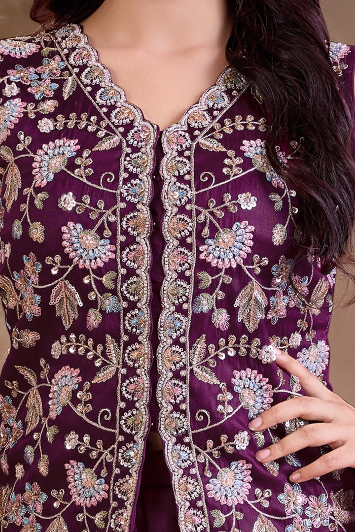 Wine Multicolor Embroidery, Beads and Sequins work Palazzo Suit Set for Girls