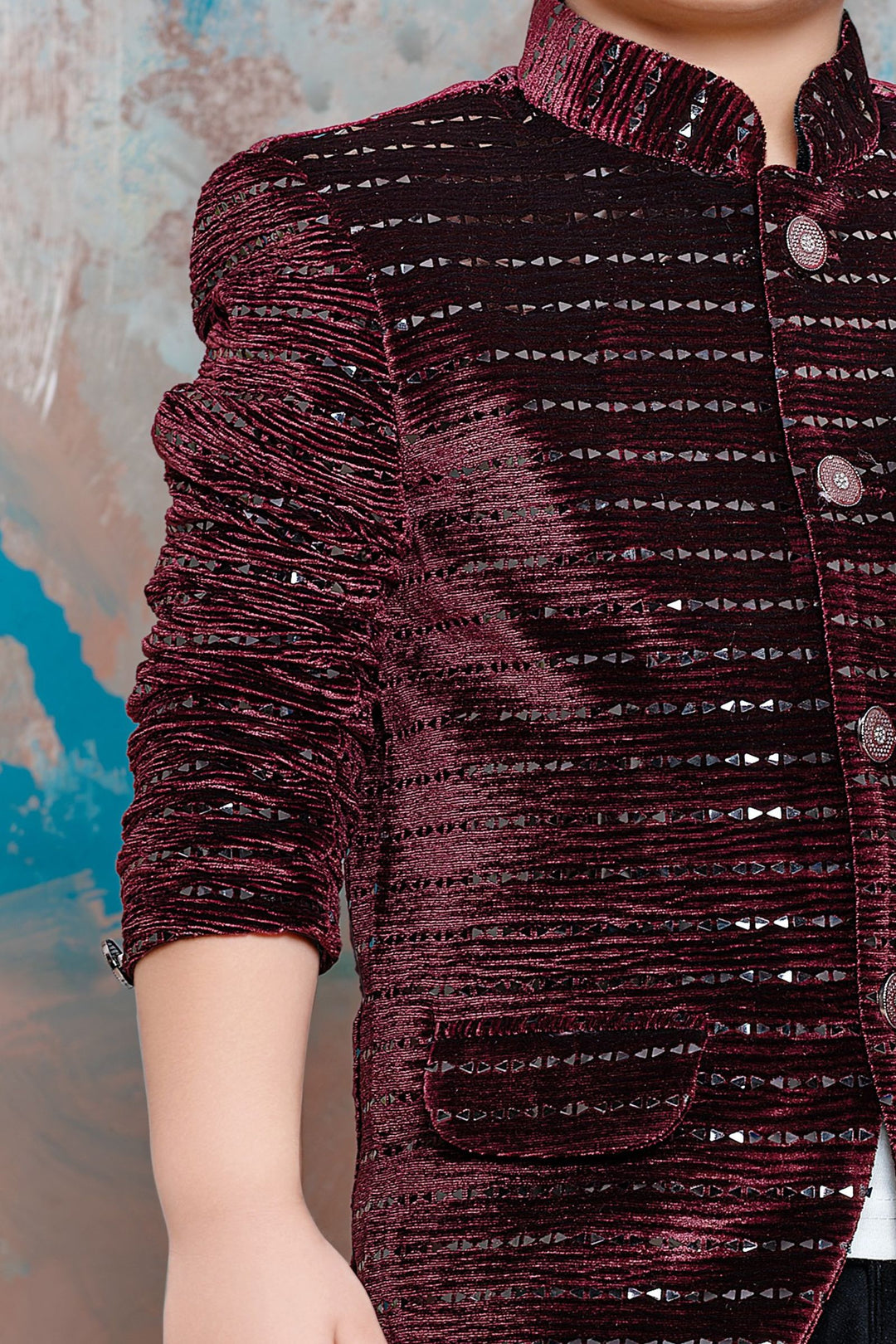 Maroon Waist Coat with White T-Shirt and Black Pant Set for Boys