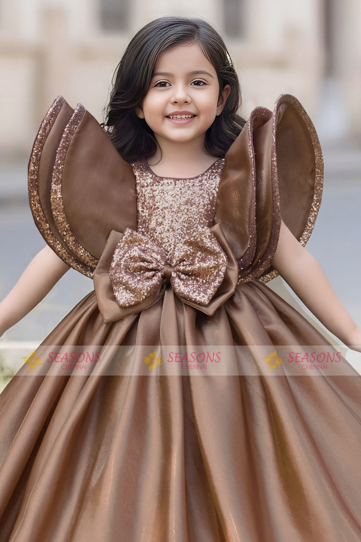 Chocolate Brown Sequins work Long Party Gown for Girls