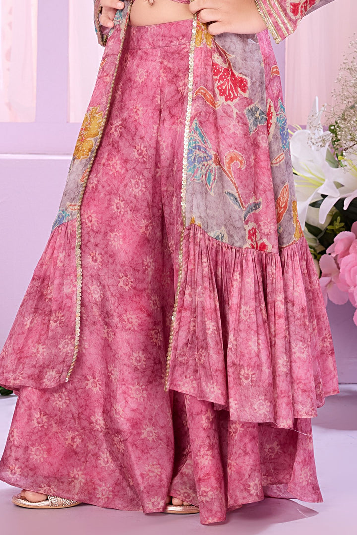 Pink Sequins work with Multicolor Digital Print Overcoat Styled Palazzo Set For Girls