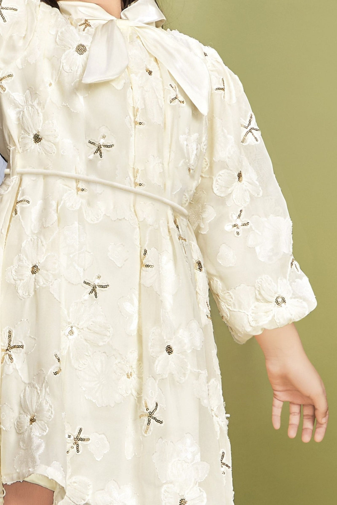 Cream Thread and Sequins work Short Frock For Girls